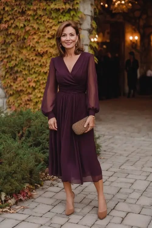 Woman wearing a deep plum midi dress with sheer long sleeves and a clutch
