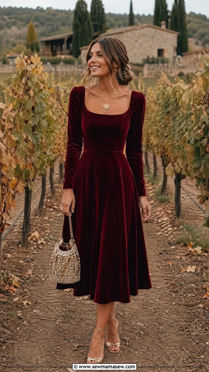 Woman wearing a burgundy velvet midi dress with metallic heels in a vineyard
