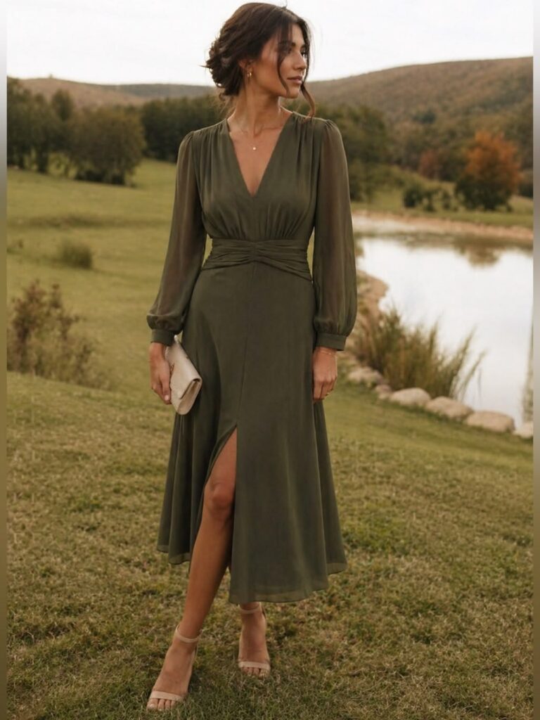 Woman wearing an olive green long sleeve midi dress beside a lake in fall
