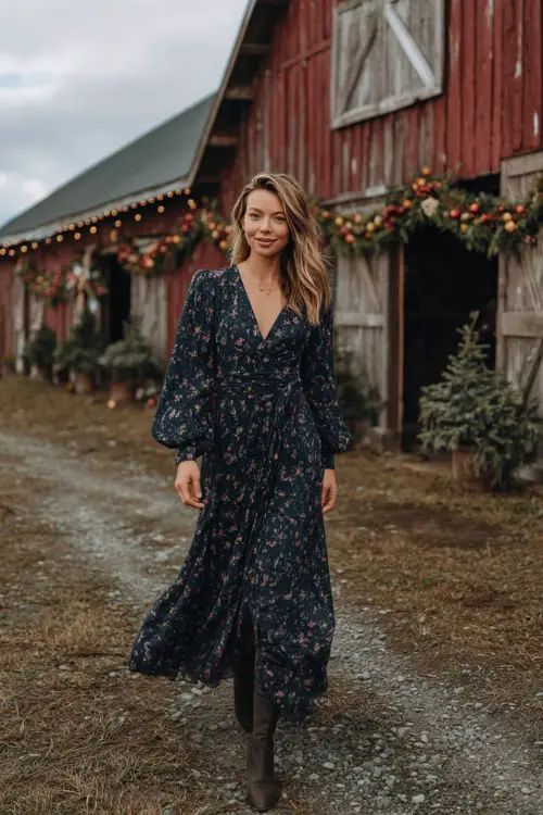Woman wearing a long sleeve navy floral maxi dress at a rustic barn venue
