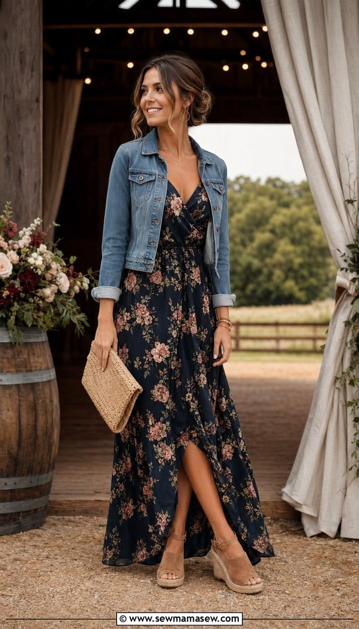 Woman wearing a navy floral wrap dress with a denim jacket at a rustic wedding venue
